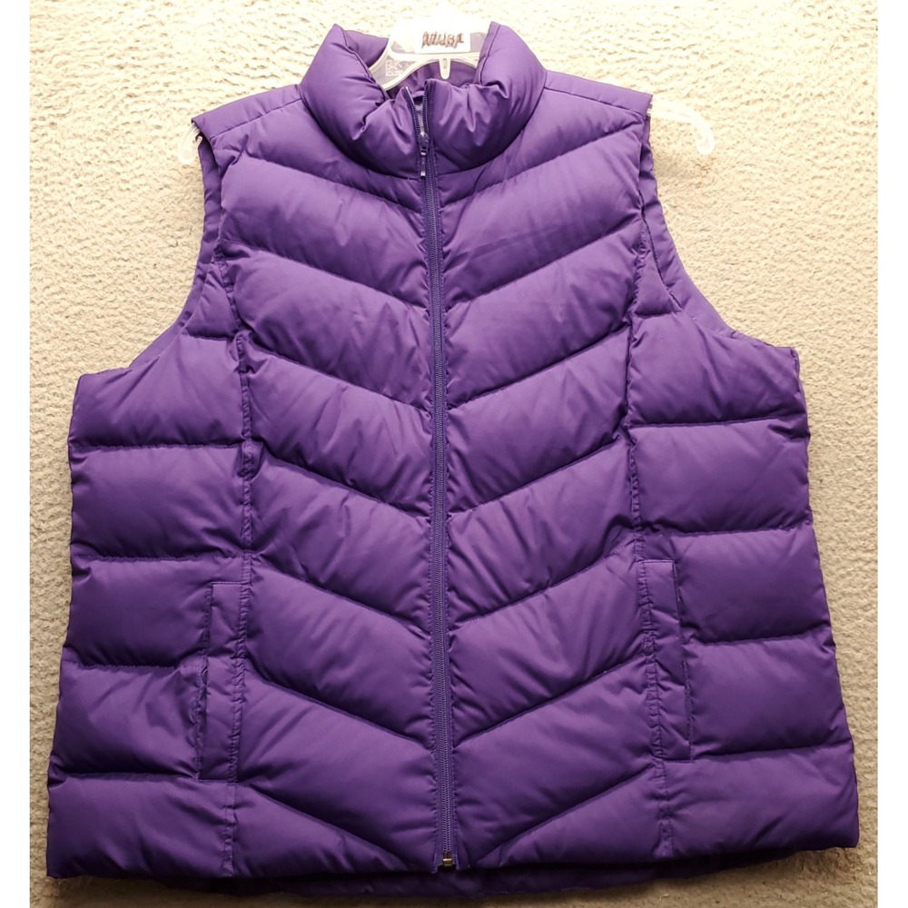 Lands' End Puffer Down Vest Womens 1X Purple Chevron Quilted Winter Warm Zip Up